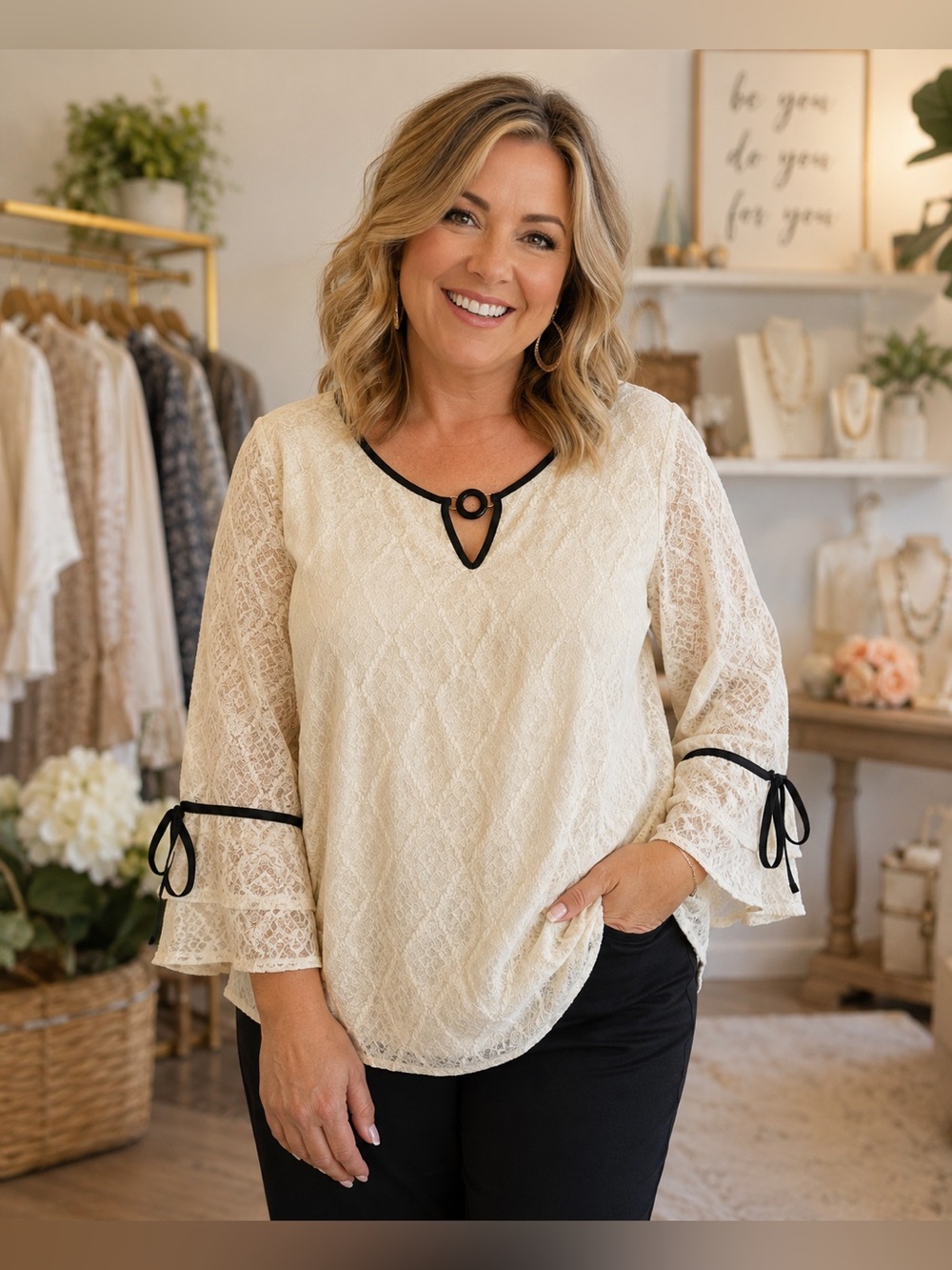 Olivia Blu Chic Cream Blouse with Black Accents NWOT